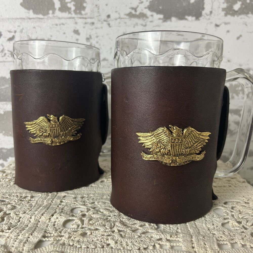 Vtg Noymer Beer Mugs Leather Covers Snap On EPluribus Unum America Eagle Barware